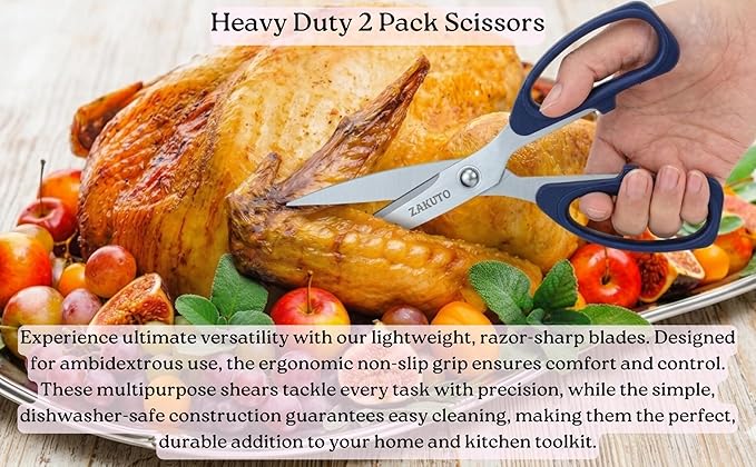 Kitchen Scissors 2-Pack – Heavy Duty Meat Cutting Shears for Chicken, BBQ, Poultry & Fish | Multipurpose Food Scissors Set with Non-Slip Handles | Stainless Steel Herb & Vegetable Shears