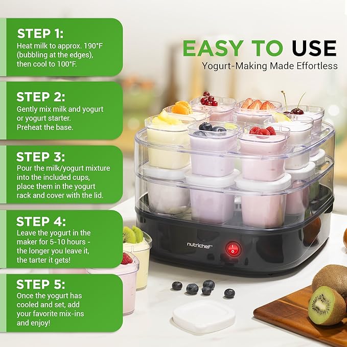 Nutrichef 17 Cup Automatic Yogurt Maker | Includes 17 - 5 oz Reusable Cups with Lids & Yogurt Rack for Instant Storage | Makes Up to 85 OZ of Yogurt | Greek Yogurt Maker | Space Saving design | Black