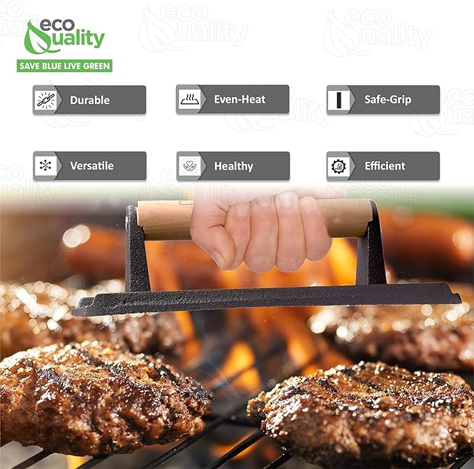 [1 PACK] Rectangle Grill Press with Wooden Handle 9 x 5 inches - Heavy Duty, Bacon Press, Burger Press, Panini Press, Meat Press - Ideal Cast Iron Press for Kitchen & Grill