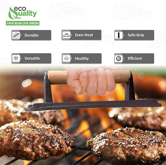 [1 PACK] Rectangle Grill Press with Wooden Handle 9 x 5 inches - Heavy Duty, Bacon Press, Burger Press, Panini Press, Meat Press - Ideal Cast Iron Press for Kitchen & Grill