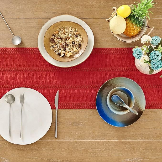 ZeeMart Macrame Style Boho Table Runner, Red Table Runners 90 Inches Long, Farmhouse Woven Home Decor, 12x90 Inch, Red