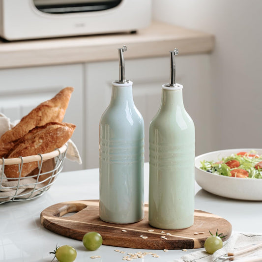 famiware Jupiter 16oz Ceramic Olive Oil Dispenser Bottle, Olive Oil and Vinegar Dispenser Bottle Set of 2 with Stainless Steel Pourers, Suitable for Storage Vinegar, Liquids, Light Blue & Light Green