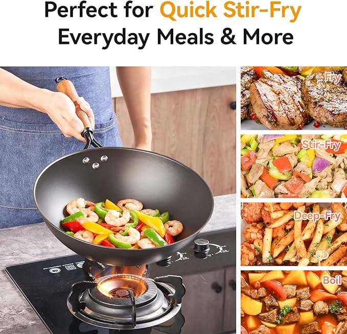 WANGYUANJI 12.6" Carbon Steel Wok with Lid & Spatula - Gift Ready Packaging, Precision Spun Iron Stir Fry Pan for 3-4 People - Flat Bottom, Nitrided Rust-Resistant Surface (Requires Seasoning)