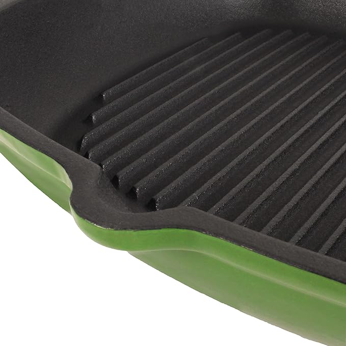 Berghoff Neo 2Pc Enameled Cast Iron Grill Set, Grill Pan 11 inches, Bacon/Steak Press 8 inches, Fast, Evenly Heat, Oven safe (Green)
