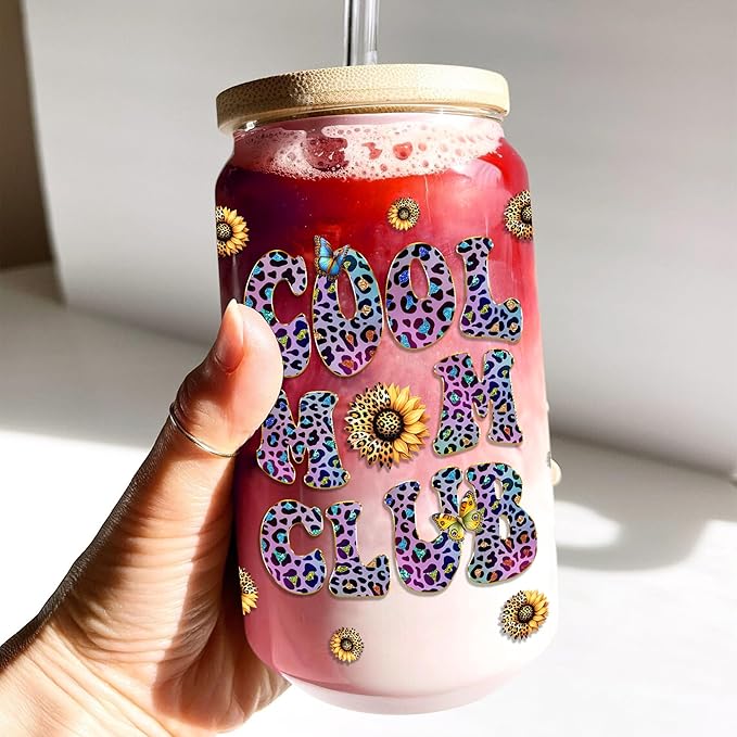 Mothers Day Gifts for Mom 16 Oz Cool Mum Club Glass Coffee Cup with Lid and Straw Funny Mama Drinking Tumbler Unique Birthday Present Ideas for Mother Her Wife from Daughter Son Husband