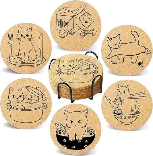 Coasters for Drinks with Holder Set of 6, Cat Cork Coaster Absorbent for Office Desk Cup Table Coasters Kitchen Decor House Warming Gifts for New Home, Round 4"