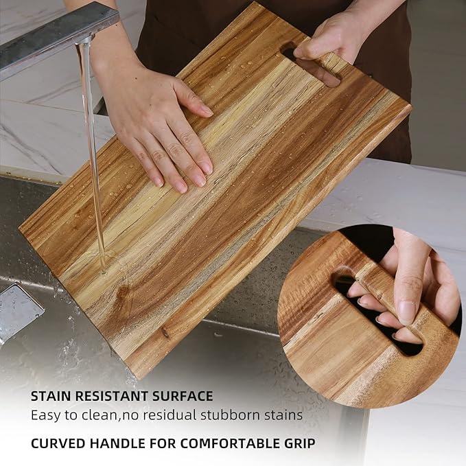 YSTKC Acacia Wood Cutting Board with Hand Grip 15" x 9.5" Inch, Wooden Reversible Chopping Board with Handle for Kitchen Meal Prep Serving, Chopping, Carving Meat, Fruits, Vegetables, Charcuterie