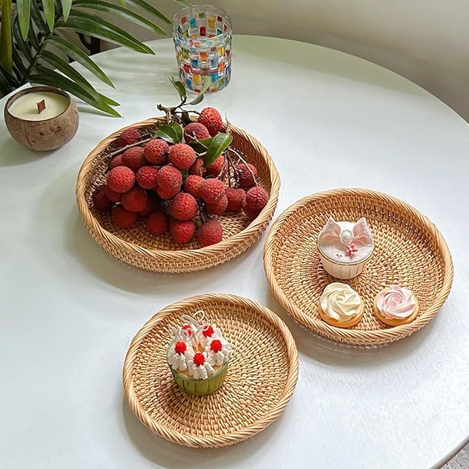 9 Inch Rattan Basket Tray Woven Round Decorative Wicker Tray Stackable for Kitchen Tabletop Fruit Candy Bread