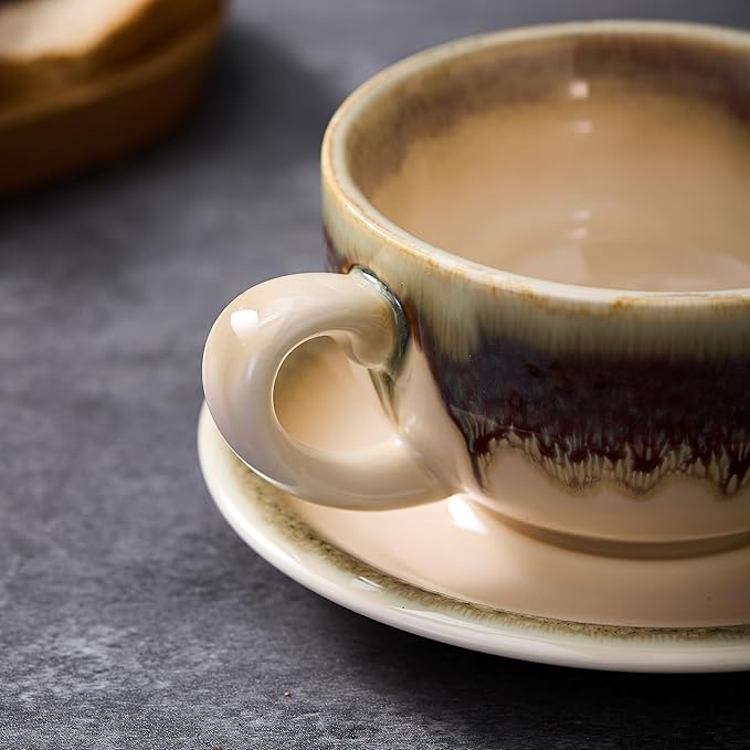 Vintage Design 12 oz Ceramic Latte Art Cappuccino Barista Cup with Saucer (Brown)