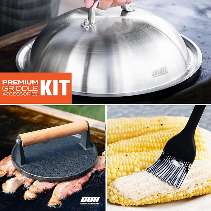 Flat Top Griddle Accessories Set for Blackstone and Camp Chef Griddle - Round Cast Iron Burger Bacon Press with 12 Inch Heavy Duty Round Basting Cover Melting Dome Lid & Basting Brush