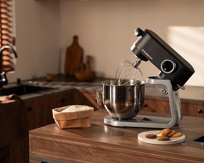 Kraftsman Stand Mixer All Metal - Heavy Duty Kitchen Standing Mixer 5.3 Quart with 4 Stainless Steel Attachments, DC Motor & Multifunctional Power Hub, 8-Speed & Timer, Lower Noise (Black)