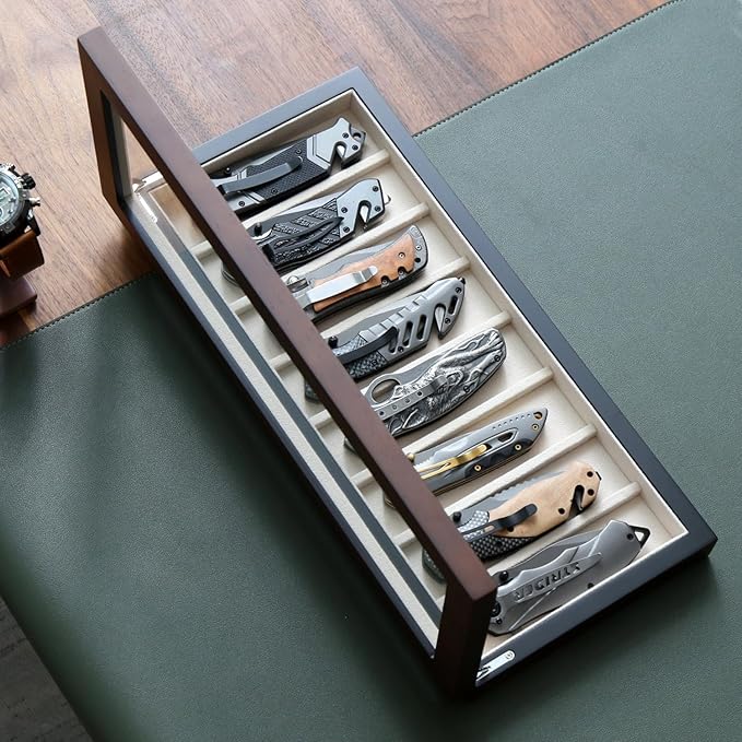 Bonaking Knife Display Case for 8 Pocket Knives Pocket Knife Case Storage Box for Men's Gift Knife Cases for Collections with Walnut Finish and Glass Window Top