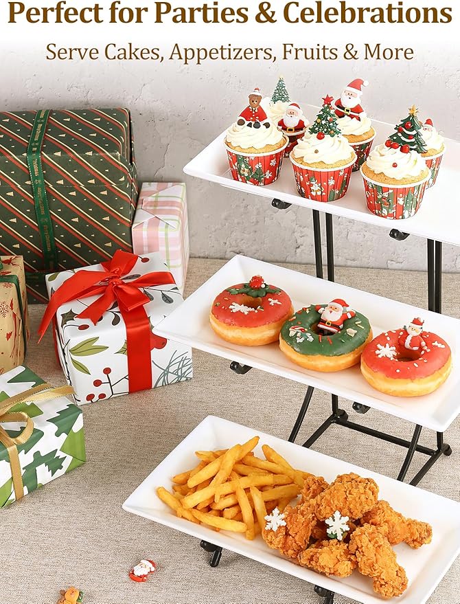 Yedio 3 Tier Serving Tray Set – 12 Inch Porcelain Serving Platters with Pre-Assembled Black Metal Stand, No Installation Required, Tiered Tray for Dessert Fruit Food Display and Party Entertaining