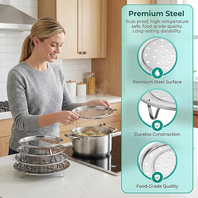 2 Pcs Stainless Steel Steamer Rack with Removable Legs, Multifunction Steam Basket for Steamer Pot, Instant Pressure Cooker (7.08 inch, 8.66 inch)
