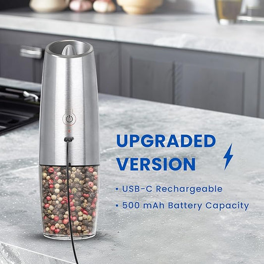 Rechargeable Electric Salt and Pepper Grinder set of 2, gravity electric salt and pepper grinder set, Adjustable Roughness, LED Light, 2 Pack, (Silver)