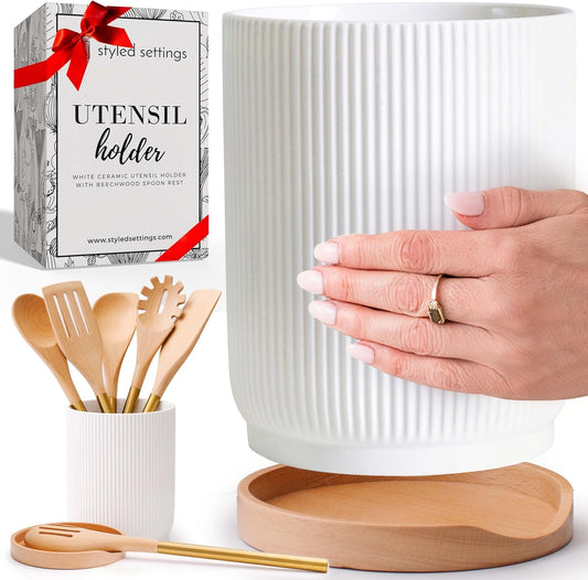 STYLED SETTINGS White Ceramic Utensil Holder with Built-In Wooden Spoon Rest –2PC Set for Kitchen Countertop Organization – Ceramic Utensil Crock & Wood Spoon Rest for Clean, Stylish Cooking