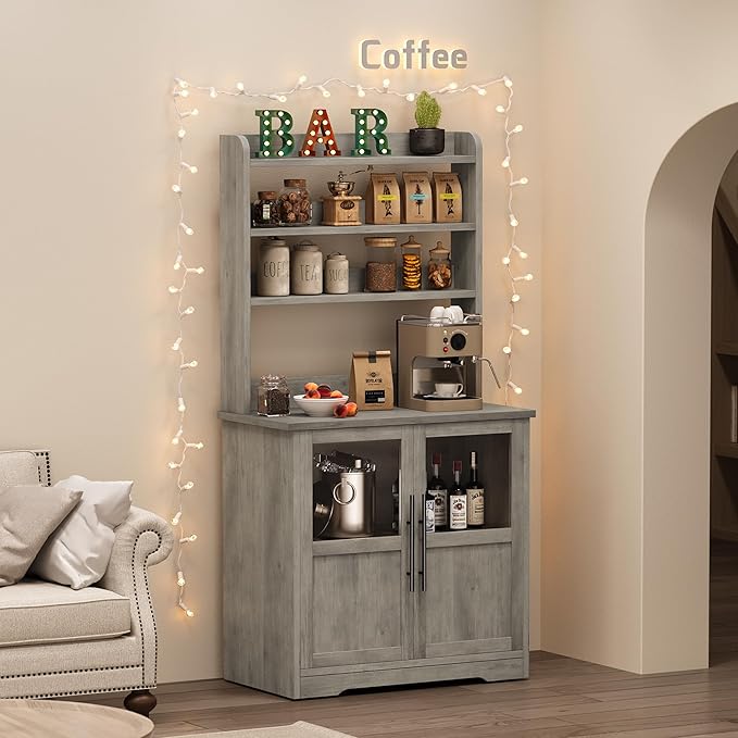 Garvee Farmhouse Bakers Rack with Glass Door, Microwave Stand with Power Outlets, Kitchen Hutch Pantry Cabinet, Kitchen Coffee Bar Cabinet for Spices, Dishes, and Pots, Gray