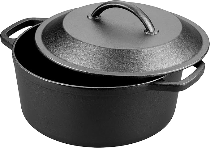 VORRINGARD Pre-Seasoned Cast Iron Dutch Oven with Lid, Round and Dual Handles, for Stovetop, Camping, Grill, Induction, Electric, Black, 6qt