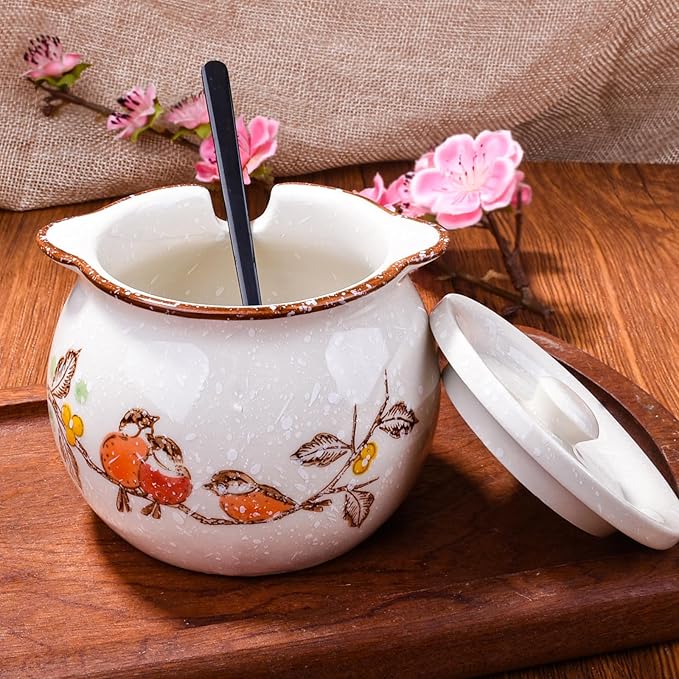 Ceramic Sugar Bowl with Lid and Spoon, Porcelain Sugar Container for Coffee Bar, Kitchen Countertop, Japanese Style Sugar Holder Sugar Pot for Salt Creamer, Dishwasher Safe (ny)
