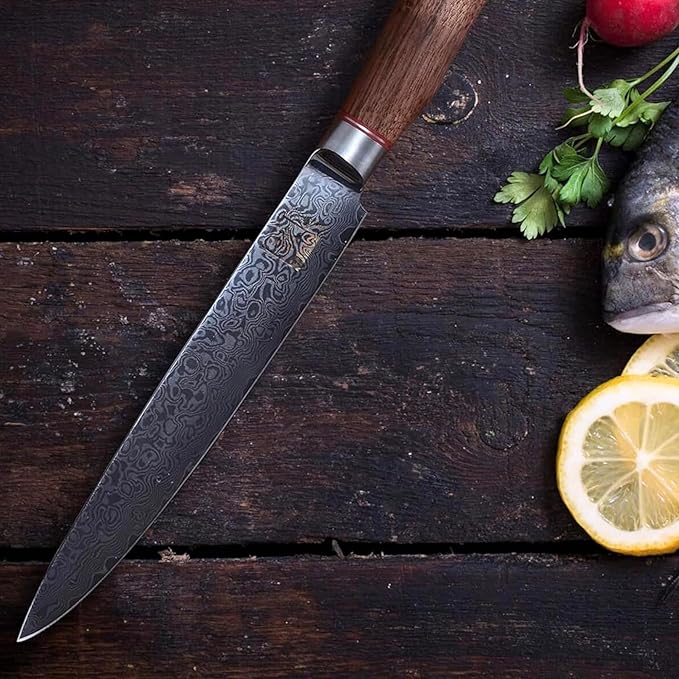 zayiko Carving Knife – 8-Inch Damascus Chef Knife | 67 Layers Steel with VG10 Core | Ergonomic Walnut Wood Handle | Professional Meat and Kitchen Knife in Gift Box