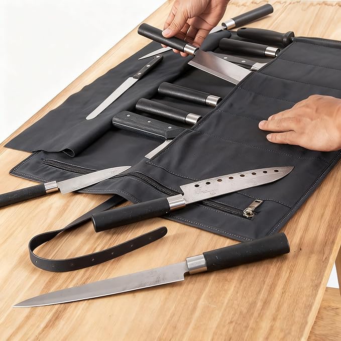 BSLGCTX Leather Knife Roll, Chef Knife Roll Bag, Knives Carrying Case, Culinary Tools Carrying Storage, Portable Travel Storage with 7 Slots & Zipper, Gifts for Chef (Black)