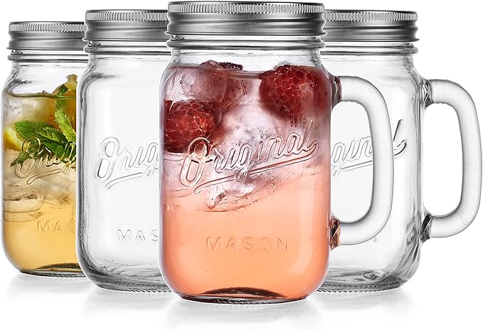 Glaver's Mason Jar 16 Oz. Glass Mugs with Handle and Lid Set Of 4 - Home Essentials & Beyond - Old Fashioned Drinking Glass Bottles Original Mason Jar Pint Sized Cup Set.