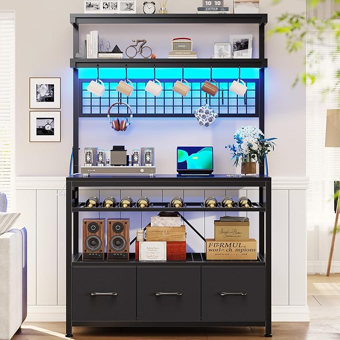 Itaar Bakers Rack with Storage Drawers, Microwave Stand with Power Outlet and LED Lights, 35.4 inch Coffee Bar Cabinet with Hutch, Wine Rack and Hooks for Kitchen, Living Room, Black