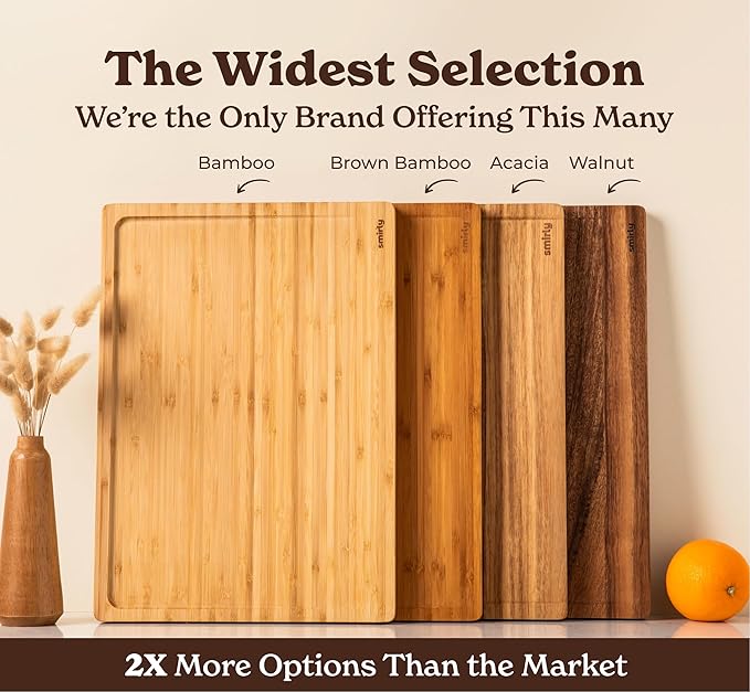 SMIRLY Bamboo Wooden Cutting Boards for Kitchen, Set of 2 Medium - Small, Bamboo Wood Cutting Board Set with Deep Juice Grooves, Non Toxic Serving Tray, House Warming Gifts