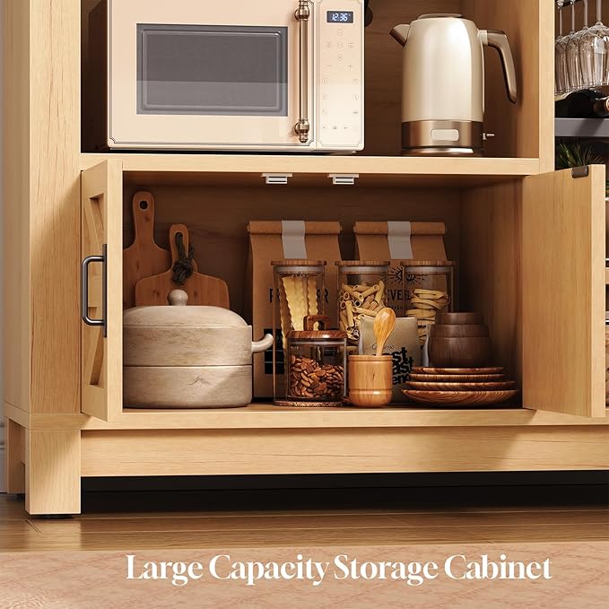 Itaar 73" Tall Arched Bakers Rack with Power Outlet and LED Light, Farmhouse Coffee Bar Cabinet, Kitchen Microwave Stand with Storage for Kitchen, Dining Room, Living Room, Natrual