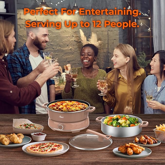 Rosewill 12.7 QT Electric Hot Pot Slow Cooker with Multiple Functions, Split Design with 11.8 inch Wider Cooking Pot and SUS Steam Basket, 1600W High Power, Includes Utensils - Mocha
