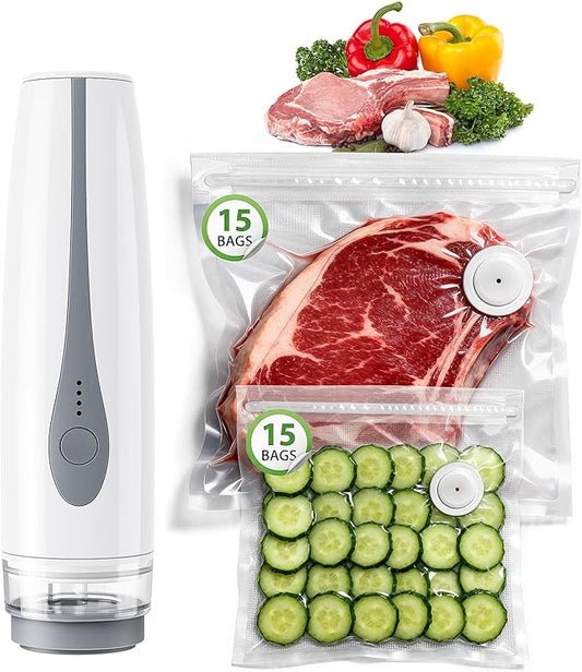 Compact Vacuum Sealer, Portable Handheld Food Sealer with 30 Reusable Bags, Mini Rechargeable Vacuum Sealing Machine to Preserve Food Freshness & Storage