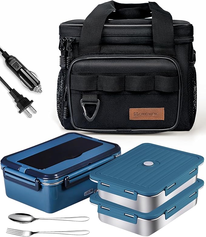 Electric Lunch Box Food Heater 80W Heated LunchBoxes for Adults Work/Car/Truck/Home, 1.8L Portable Food Warmer Heating Lunchbox with Insulated Lunch Bag 12V 24V 110V