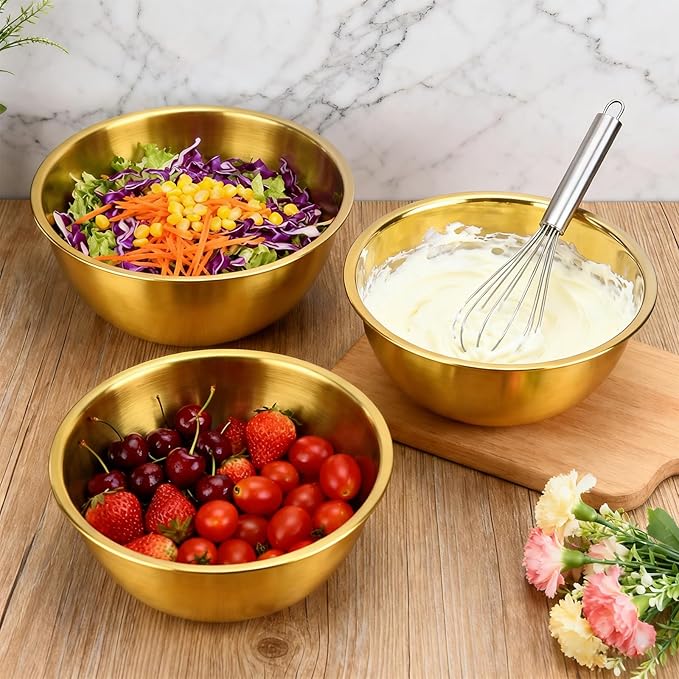 fecoqi 3-Set Stainless Steel Golden Mixing Bowls Set (8.26"+7.1"+6.3"), Metal Bowl with Measurement Marks, Dishwasher Safe & Stackable - Perfect for Baking, Salad Making, Meal Prep and Kitchen Use