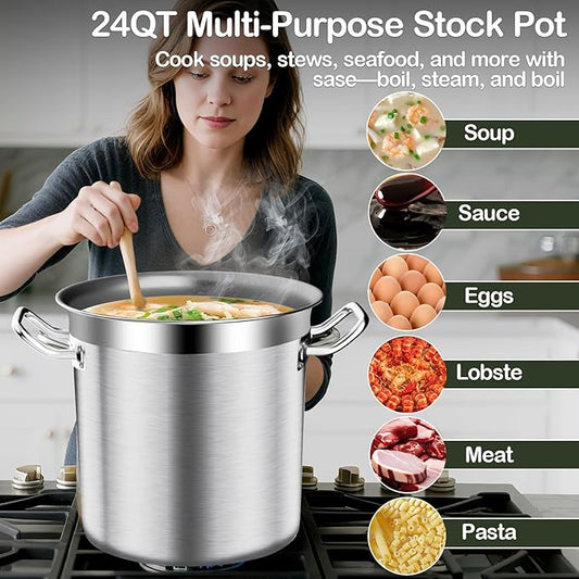 Stainless Steel Stock Pot-24QT Heavy Duty Induction Cooking Pot with Visible Lid, Commercial Grade Stock Pot & Stockpots for Boiling Cooking Soup Stew Canning Cooking Pots, Deep Cookware, Big Stockpot