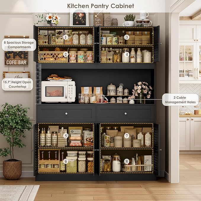HIFIT 71" Hx55''W Large Kitchen Hutch Storage Cabinet, Farmhouse Coffee Bar Hutch with Microwave Stand, Tall Kitchen Pantry Cabinet with Louvered Doors, 2 Cable Holes, 2 Drawers, Black