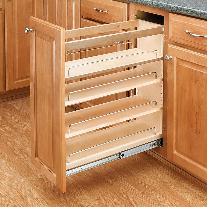 Rev-A-Shelf 6.5 in Pullout Kitchen Cabinet Storage Organizer Slide Out Pantry Spice Rack with Adjustable Shelves, Natural Maple, 448-BC-6C - Home Organizing System for Pots, Pans, and Utensils