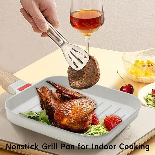 Grill Pan with Lid Non Stick Griddle Pan for Stove Top Indoor Cooking Steak Pan Square Aluminum Skillet Grilling Induction Compatible with Tong White 7.48 inches