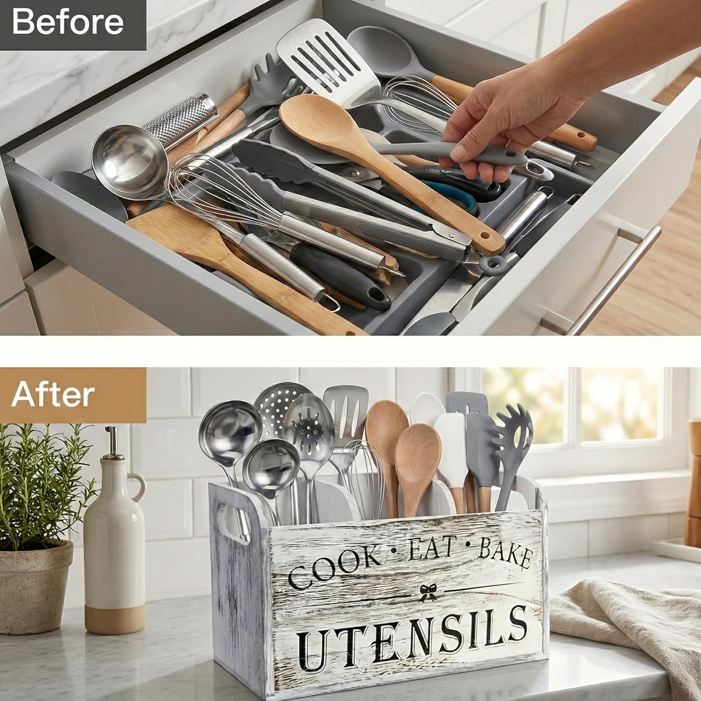 Farmhouse Kitchen Utensil Holder for Countertop, Distressed White Wooden Cooking Utensil Organizer with 3 Compartments & Handles, Rustic Extra Large Crock Space Saver for Spatulas & Spoons