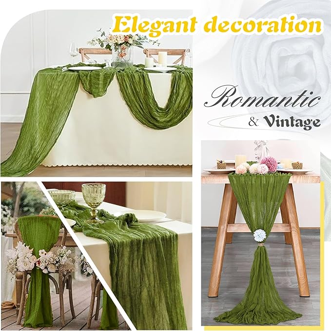 Olive Green Cheesecloth Table Runner 1 Pack 35" Boho Gauze 120 inches Long Runner Rustic Sheer Fabric Bulk for Baby Shower Wedding Bridal Birthday Party Table Decorations