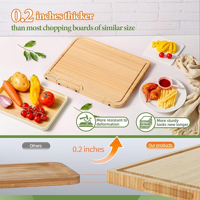 3-PCS Bamboo Cutting Board Set with Innovative Stand - Durable Double Sided Chopping Board with Juice Groove & Handle for Meal Prep, Meat, Fruit, Charcuterie Serving, Eco-Friendly Healthy Kitchen Gift