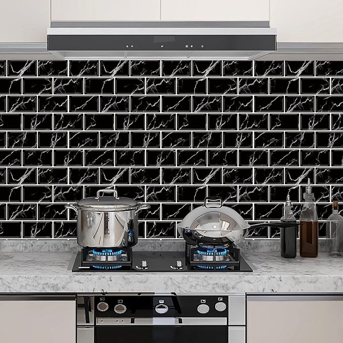 URCOLOR 10-Sheet Back Splashes for Kitchens Peel and Stick,12"x12" Self Adhesive Subway Wall Tiles Stick on backsplash Tiles for Bathroom Black Marble
