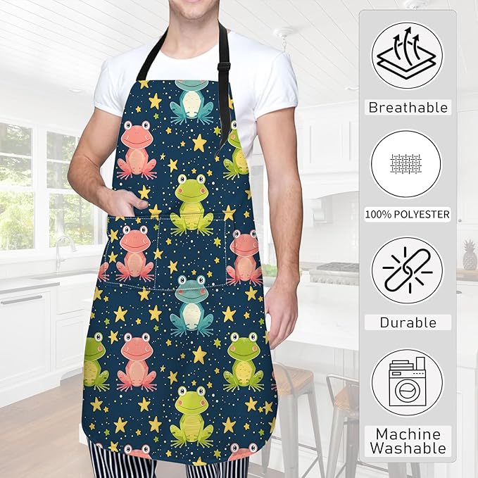 Cartoon Frog Apron Cute Starry Night Aprons Waterproof Oxford Polyester Adjustable Pockets Design for Cooking, Crafting, Garden Decor, for Adults, 28x33 Inch