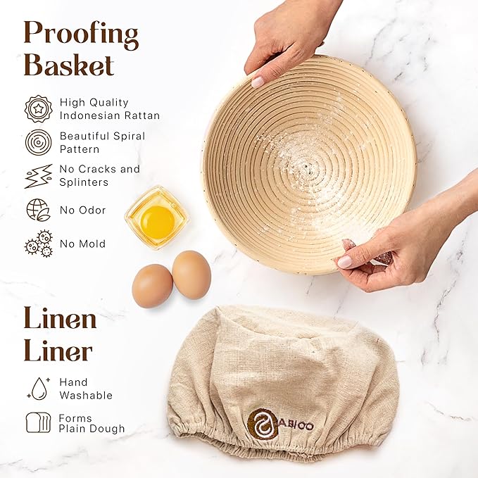 Sourdough Starter Kit with 9" Round Banneton Proofing Basket and 24oz Starter Jar - Beginner-Friendly Sourdough Bread Baking Supplies and Baking Gifts for Women, Men, and Bread Bakers