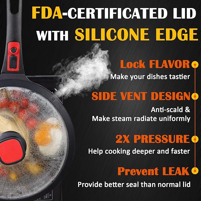 DIIG Nonstick Frying Pan Skillet with Silicone Lid, 11.5 Inch Oven Safe Chef Pan for Cooking Saute Omelet Sauce Pan Cast Aluminum Red Cookware with Stay Cool Handle, Induction All Stoves Compatible