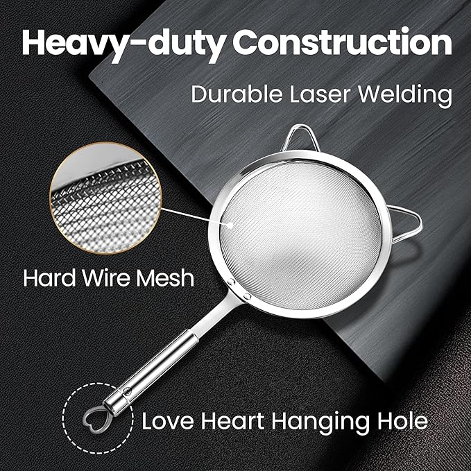 Stainless Steel Fine Mesh Strainer Set – 1 Large Flour Sifter with Sturdy Handle + 1 Small Mesh Sieve for Pasta & Rice + 1 Silicone Can Strainer – Stable, Durable, Dishwasher Safe, 5-Year Warranty