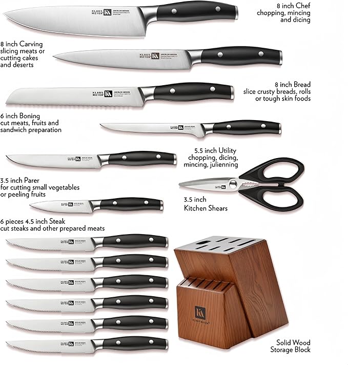 Klaus Meyer Arcelor 14 Piece Exclusive German Steel Non-Slip Handles Knife Set with Solid Wood Block …