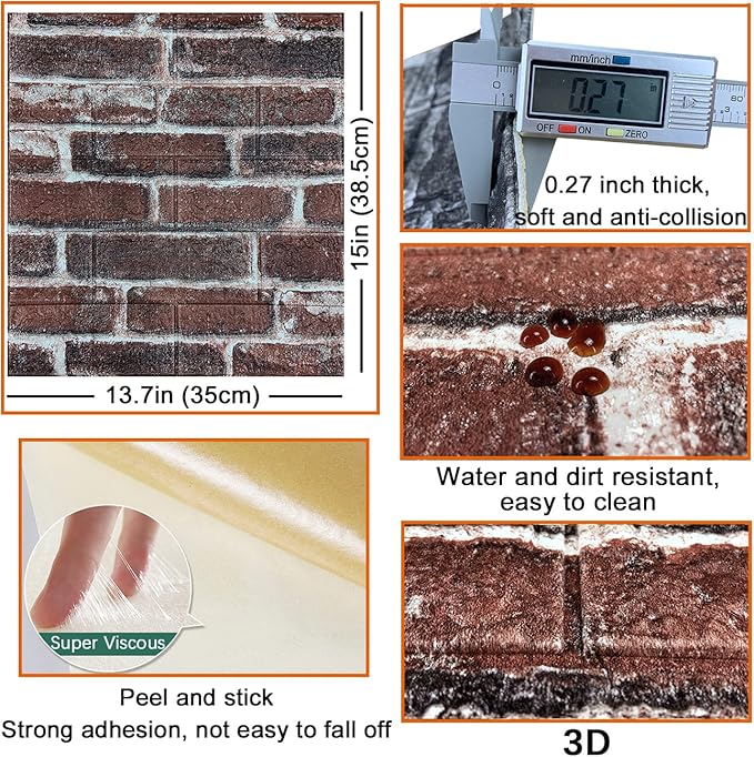 10PCS 3D Wall Panels Peel and Stick 3D Brick Wallpaper Peel and Stick Faux Stone Wall Panel Foam Brick Self-Adhesive Wallpaper (Red,10pcs)