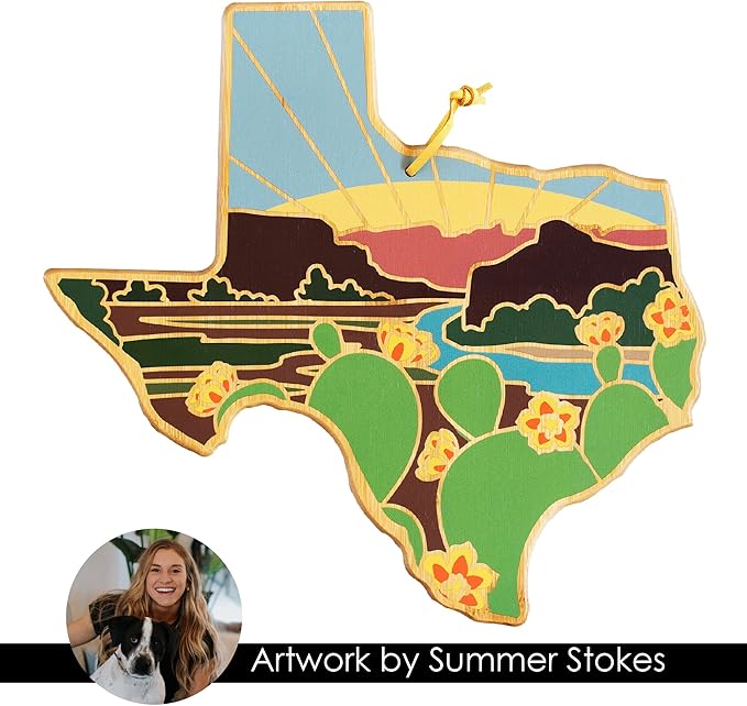 Totally Bamboo Texas State Shaped Cutting Board and Charcuterie Serving Platter with Artwork by Summer Stokes, Includes Hang Tie for Wall Display 14" x 13-3/8" x 5/8"