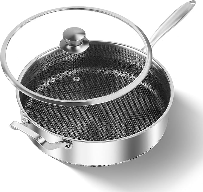 Toutrop Frying Pans Nonstick wih Lid, Non Stick Tri-Ply Stainless Steel Saute Pan, 7 Quarts Large Sauté Pan, 12 Inch Induction Cooking Pan, Dishwasher and Oven Safe, PFOA Free