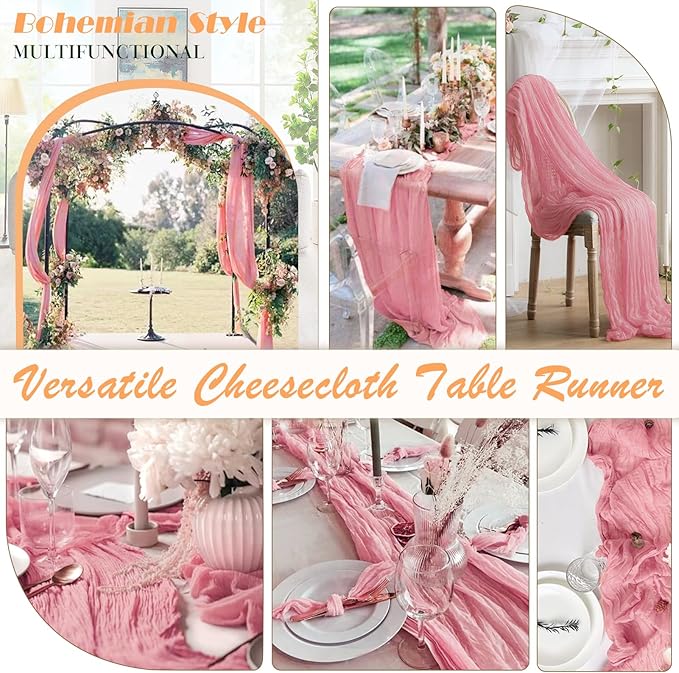 Dusty Pink Cheesecloth Table Runner 1 Pack 35" Boho Gauze Runner 120 inches Long Runner Rustic Sheer Fabric Bulk for Baby Shower Wedding Bridal Birthday Party Table Decorations